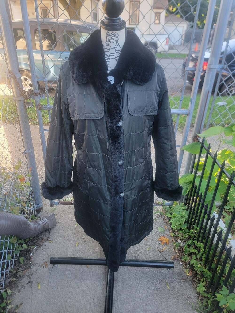 Anna Kel Italy Reversible Black Green Rex Rabbit Fur Trim Coat IT 46